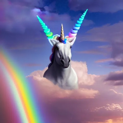 Prompt: a unicorn with a rainbow horn stood on top of a rainbow in the clouds, cinematic lighting, volumetric clouds, amazing light, award winning, ethereal, magical, photorealistic