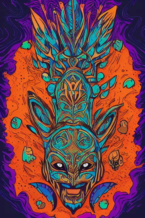 Image similar to animal mask totem roots flower tribal feather gemstone plant wood rock shaman vodoo video game vector cutout illustration vivid multicolor borderlands comics by josan gonzales and dan mumford radiating a glowing aura