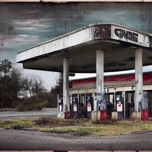 Prompt: an abandoned gas station by tim doyle, macabre