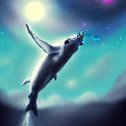 Image similar to portrait of whale swimming on a night sky, swimming across the universe, oniric, dreamy, beautiful, highly detailed, cinematic, trending on artstation