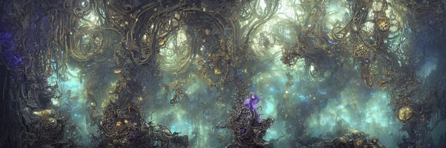 Image similar to Marc Simonetti, Mike Mignola, smooth liquid metal with detailed line work, Mandelbrot flowers and trees, Exquisite detail, blue silver purple details, hyper detailed, intricate pencil illustration, golden ratio, steampunk, smoke, neon lights, steampunk forest background, liquid polished metal, by peter mohrbacher