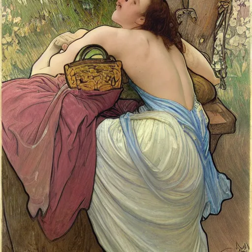 Image similar to a painting in the style of william henry millais and in the style of alphonse mucha.