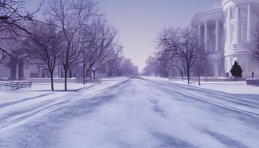 Image similar to empty snowy streets of washington dc, white house, snow dunes, hyperdetailed, artstation, cgsociety, 8 k