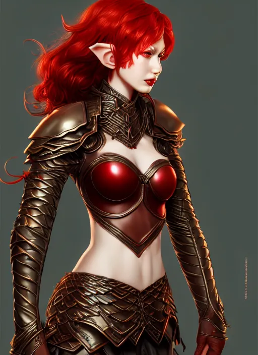 Image similar to leather armor!!! beautiful and elegant curly red hair female elf!! gorgeous ayes!! character concept art, sharp focus, octane render! unreal engine 5! highly rendered!! trending on artstation!! detailed linework!! illustration by artgerm, wlop, and chie yoshii