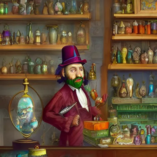 Image similar to Anthropomorphized parrot trader in his shop, shelves full, selling a gem, portrait, items, magic potions, carpet, window, intricate Renaissance hat, sly expression , cunning expression, cute expression, presenting magic gem, D&D, fantasy, cinematic lighting, highly detailed, digital painting, artstation, concept art, smooth, sharp focus, illustration, warm light, cozy warm tint, magic the gathering artwork, volumetric lighting, 8k, no gold, no gold colours, art by Akihiko Yoshida, Greg Rutkowski