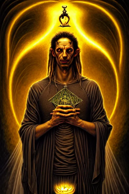 Prompt: The Software Developer, tarot card, by tomasz alen kopera and Justin Gerard, computer nerd, matrix text, thinkpad, dreadlocks, symmetrical features, ominous, magical realism, texture, intricate, ornate, royally decorated, whirling yellow smoke, embers, radiant colors, fantasy, trending on artstation, volumetric lighting, micro details, 3d sculpture, ray tracing, 8k, anaglyph effect