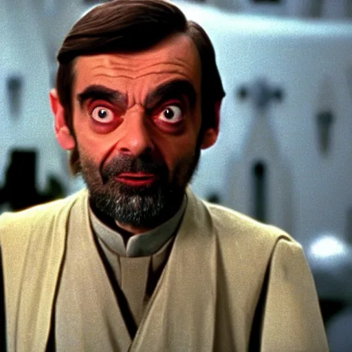 Image similar to Still of Mr. Bean as jedi master Obiwan kenobi!!!!. in Star Wars (1977). detailed eyes. medium shot, technicolor. light saber