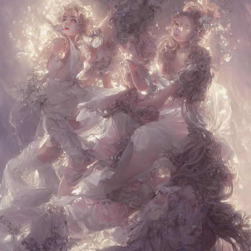 Prompt: portrait of magical lolita girl, dreamy and ethereal, silver hair, happy expression, ornate frilly dress, fantasy, intricate, elegant, colored crystal, highly detailed, digital painting, artstation, concept art, smooth, sharp focus, illustration, art by artgerm and greg rutkowski and alphonse mucha