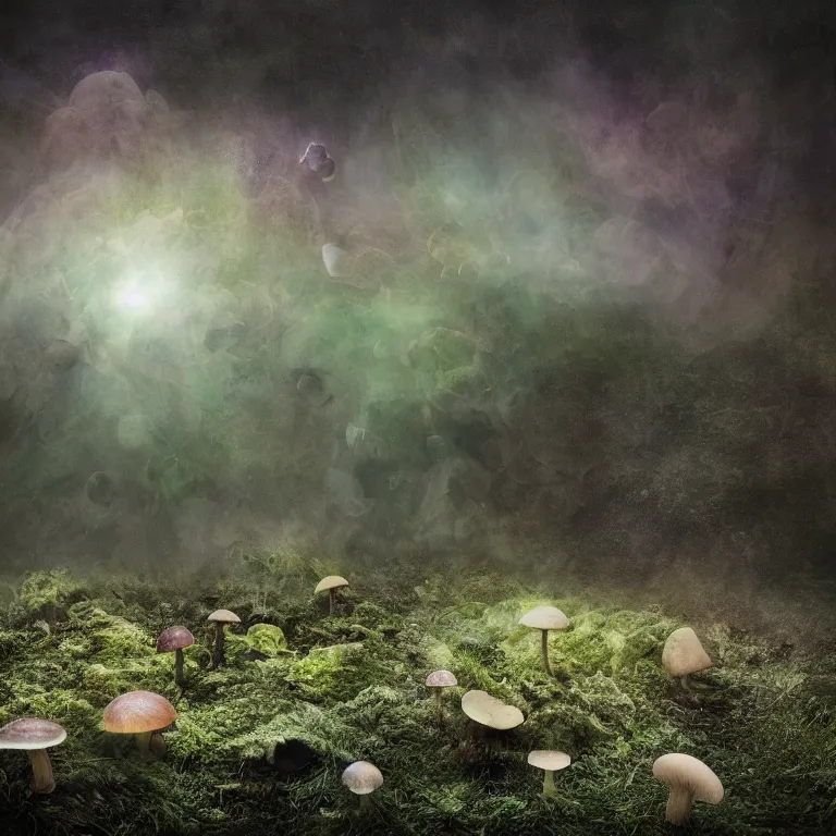 Image similar to a planet of various fungus, mushrooms and plants, inside the picture is infinity, Atmospheric phenomenon, artistic photography, muted colors, conceptual, long exposure outside the city, volumetric light