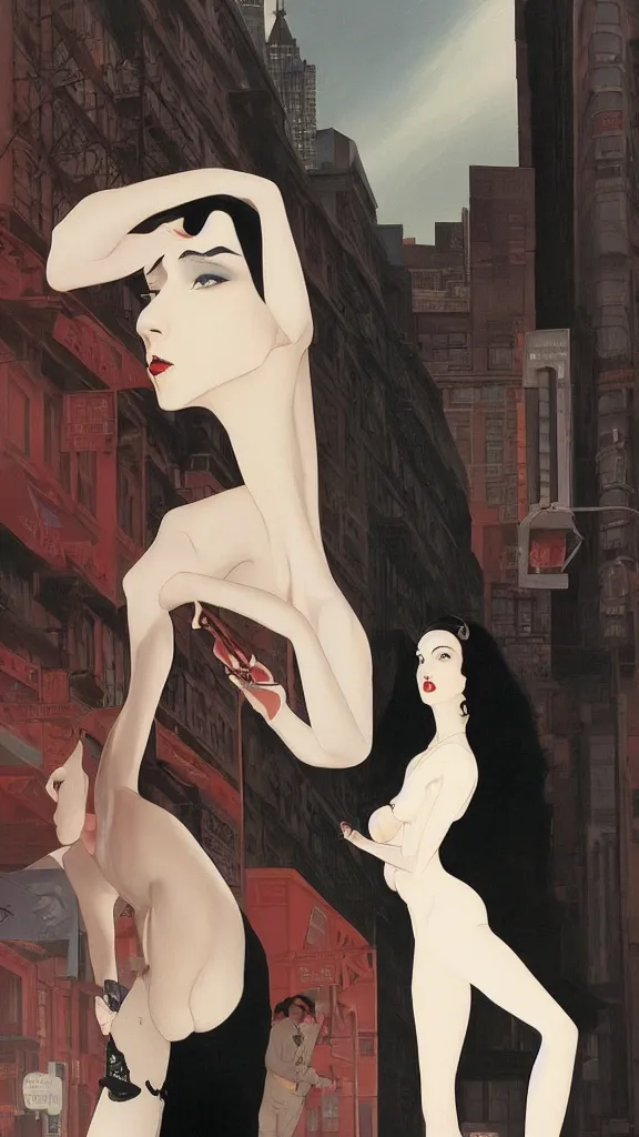 Image similar to a tall and beautiful pale woman with very black hair with a crown on her head walk in the streets of new york circa 1 9 8 4 edward hopper and james gilleard, surreal, open ceiling, highly detailed, airbrush, ilya kuvshinov, wlop, stanley artgerm, very coherent, art by takato yamamoto and james jean