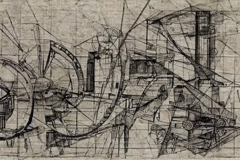 Prompt: a Leonardo DaVinci engineering drawing of an innovation factory powered by the human imagination