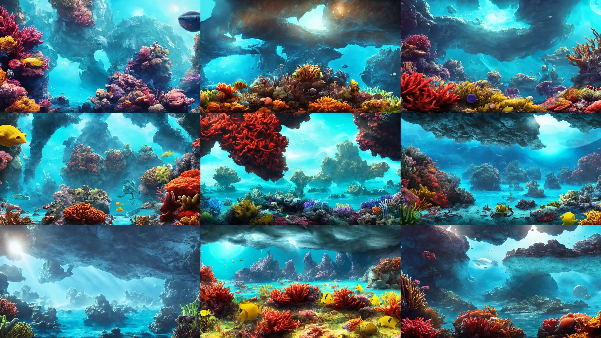 Prompt: underwater landscape of an alien planet, sunny day, environment, cinematic composition, cinematic lighting, photo realistic, ultra detailed, magnificent, 4 k, 8 k, foundation, avatar, coral reef, ocean