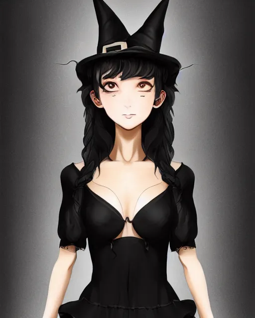 Image similar to A frontal fullbody painting of a beautiful brunette witch and wearing a cute translucent black dress looking at the viewer, elegant, delicate, stunning, soft lines, feminine figure, higly detailed, ultraHD, 8k, smooth , pixiv art, cgsociety, artgem, high quality, digital illustration, concept art, masterpiece