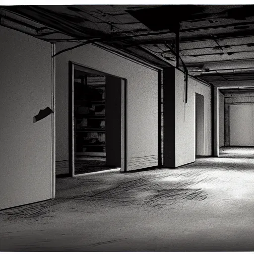 Prompt: an empty backroom at night, dark and scary atmosphere, white hue, photorealistic