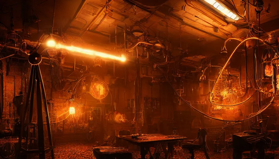 Prompt: A glowing electrical Steampunk jacket in a victorian museum, james gurney, cinematic lighting, lots of steam and sparks, wires made of copper, artstation, vibrant nature, Tuomas Korpi, tekkon kinreet, volumetric light, artstation, , octane render, redshift render, low angle camera, rich deep moody colors