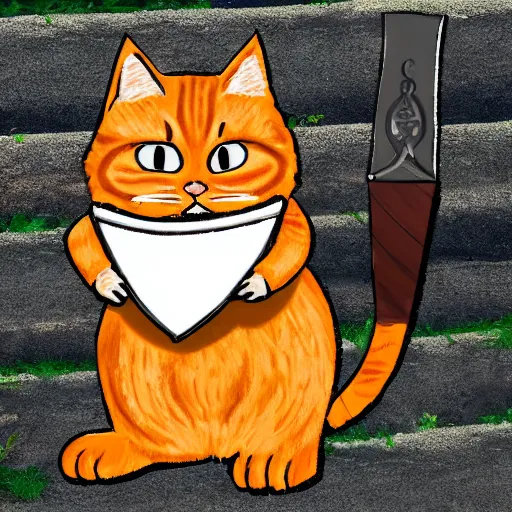 Prompt: a ginger cat, holding a sword and shield