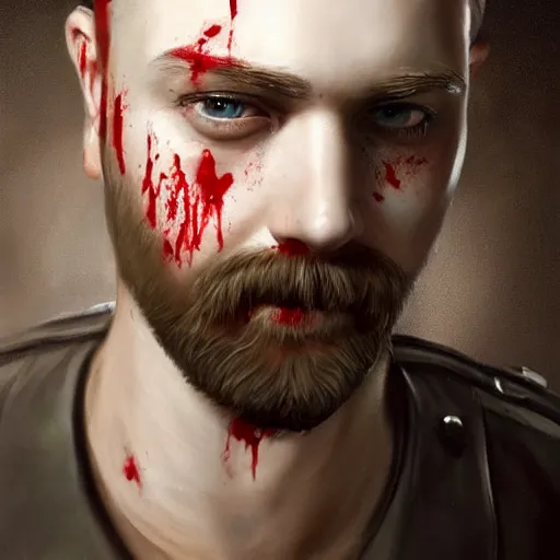 Image similar to portrait painting of a smiling police officer with pale skin short blond hair a patchy beard and blood stains on his mouth, sharp focus, ultra realistic, concept art, intricate details, eerie, highly detailed, photorealistic, octane render, 8 k, unreal engine. art by artgerm and charlie bowater and greg rutkowski