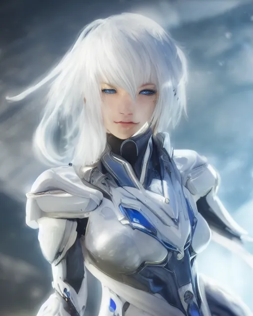 Image similar to perfect white haired girl, warframe armor, beautiful, dreamy, half asian, pretty face, blue eyes, detailed, sunny day, scifi platform, front lit, laboratory, experiment, 4 k, ultra realistic, epic lighting, cinematic, high detail, masterpiece, by masayoshi tanaka, akihiko yoshida, kazuya takahashi