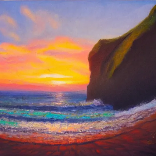 Prompt: a sea cave at sunset, oil on canvas