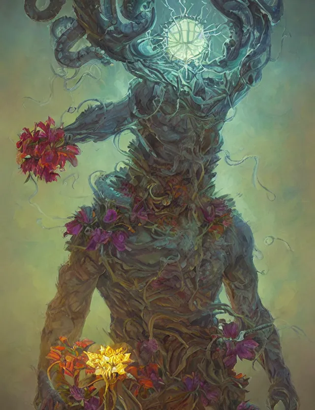 Prompt: lovecraftian deity of light and flowers. this oil painting by the award - winning comic artist has interesting color contrasts, plenty of details and impeccable lighting.