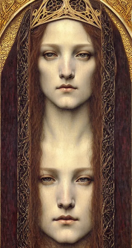 Image similar to detailed realistic beautiful young medieval queen face portrait by jean delville, gustave dore and marco mazzoni, art nouveau, symbolist, visionary, gothic, pre - raphaelite. horizontal symmetry