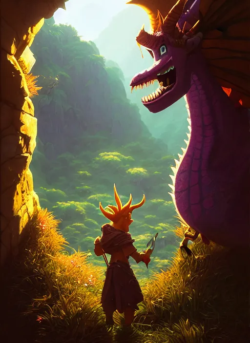 Image similar to Highly detailed portrait of Spyro the dragon, Stephen Bliss, unreal engine, fantasy art by Greg Rutkowski, Loish, Rhads, ferdinand knab, Makoto Shinkai and Lois van baarle, ilya kuvshinov, rossdraws, Tom Bagshaw, alphonse mucha, global illumination, radiant light, detailed and intricate environment