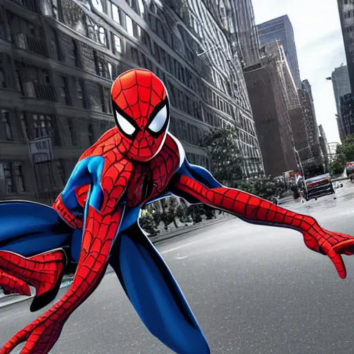 Image similar to photo of Superior Spider-Man swinging through the streets of midtown Manhattan on a bright September evening