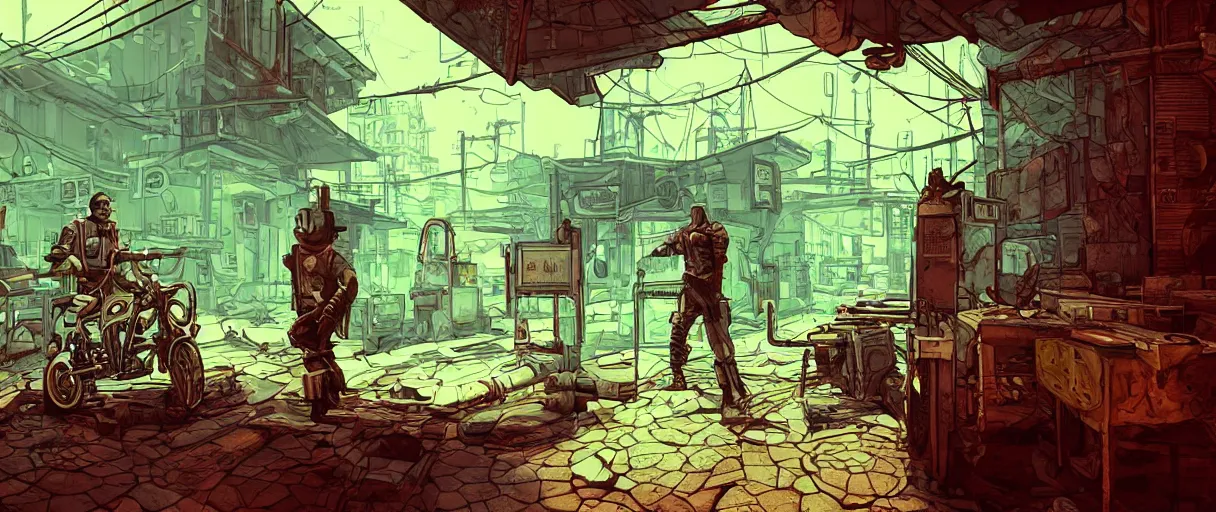 Prompt: abandoned laboroatory faded out colors place mosquet painting digital illustration hdr stylized digital illustration video game icon global illumination ray tracing advanced technology that looks like it is from borderlands and by feng zhu and loish and laurie greasley, victo ngai, andreas rocha, john harris