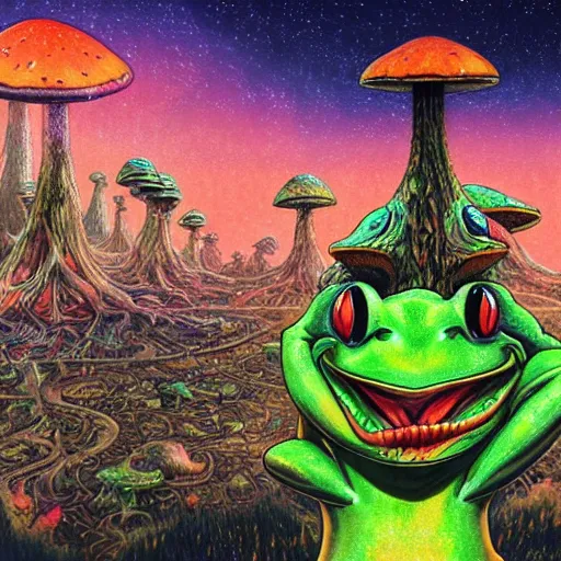 Prompt: A close up portrait of a horrifying psychedelic godlike anthropomorphic frog smoking an anime blunt , magic mushroom village in background . award winning. superb resolution. in the art style of junji Ito and greg rutkowski . Detailed Mushroom city in background. Hyper realistic anime. Perfect art. Dalle2