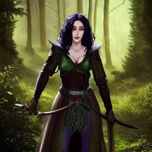 Image similar to yennefer as a medieval fantasy wood elf, dark purplish hair tucked behind ears, wearing a green tunic with a fur lined collar and brown leather armor, wide, muscular build, scar across nose, one black, scaled arm, cinematic, character art, digital art, forest background, realistic. 4 k