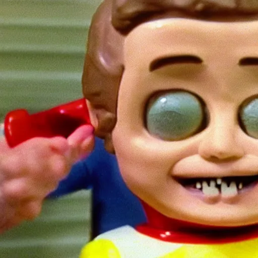 Prompt: vhs footage of an 8 0 s toy commercial where a kid is terrified of a super creepy toy