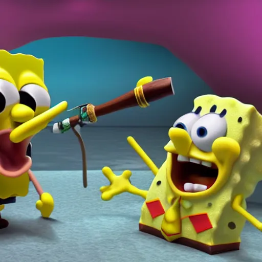 Prompt: a 3 d render of spongebob smoking a pipe under the sea, 3 d render, blender, pixar, disney