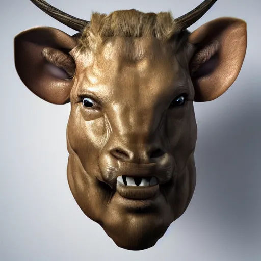 Prompt: a photo of a realistic minotaur, highly detailed, translucent skin, realistic, cinematic lighting, portrait