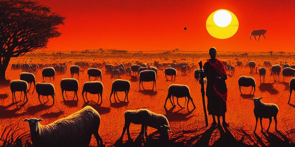 Image similar to an masai warrai guarding a herd of sheep in a large arid plain, surrounded by alien creatures while the orange sun sets. by dan mumford.