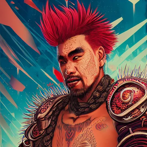 Prompt: portrait painting of a maori street samurai with spiky red hair, cyberpunk, glitchwave, sharp focus, award - winning, trending on artstation, masterpiece, highly detailed, intricate. art by josan gonzales and moebius