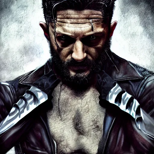 Image similar to Tom Hardy in wolverine suit Digital art 4K quality Photorealism