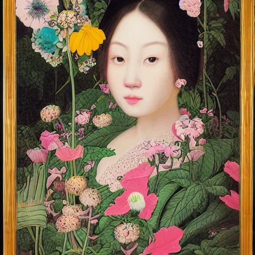 Prompt: a portrait of a beautiful asian girl with gigantic flower n the background by James Jean and Maria Sibylla Merian