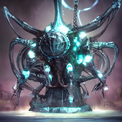 Image similar to phyrexian dreadnought plus borg queen hybrid with protomolecule vesicles being possessed by the machine spirit artists tram pararam and doctor seuss with beryl cook and hr giger neon high contrast cinematic light, mystical shadows, sharp focus, warhammer fourty k, octane render