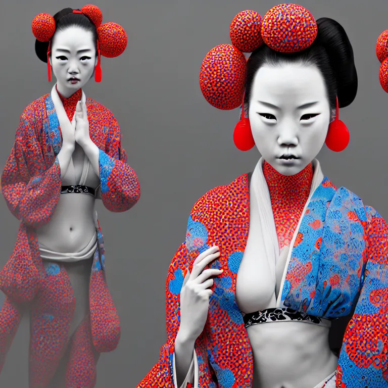 Image similar to hyperrealistic detailed image of a geisha in a art installation room, hd smooth interior by yayoi kusama, part by kei mieno, part by ross tran, dark art by james jean, ultra realistic, highly detailed, life like face, detailed body, 8 k, 3 d render by roger magrini, masterpiece