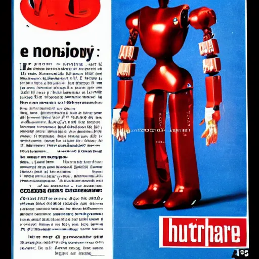 Prompt: a magazine ad for an advanced humanoid robot from 1965