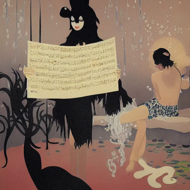 Image similar to tall female catgirl artist holding sheet music in her flooded apartment, pomegranates, octopus, water gushing from ceiling, painting of flood waters inside an artist's apartment, a river flooding indoors, mushrooms, ikebana, zen, rapids, waterfall, black swans, canoe, berries, acrylic on canvas, surrealist, by magritte and monet