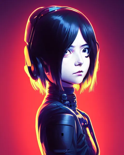 Image similar to a comic potrait of a cyberpunk cyborg girl with big and cute eyes, fine - face, realistic shaded perfect face, fine details. night setting. very anime style. realistic shaded lighting poster by ilya kuvshinov katsuhiro, magali villeneuve, artgerm, jeremy lipkin and michael garmash, rob rey and kentaro miura style, trending on art station