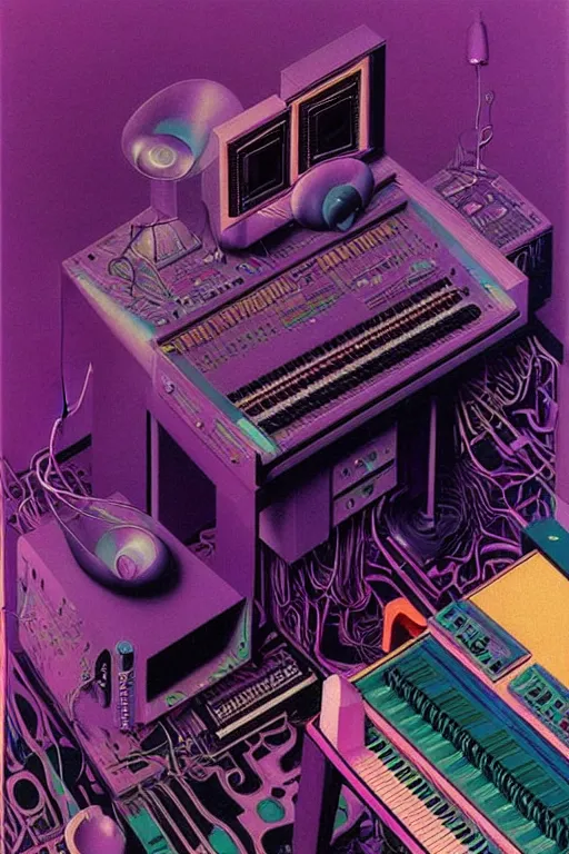 Image similar to 8 0 s art deco synthesizers, speakers, computers, studio, man, piano, cinematic dramatic cyberpunk textural fluid lines purple, pink, blue, green. otherworldly vaporwave interesting details fantasy lut epic composition by basquiat zdzisław beksinski james jean artgerm rutkowski moebius francis bacon gustav klimt