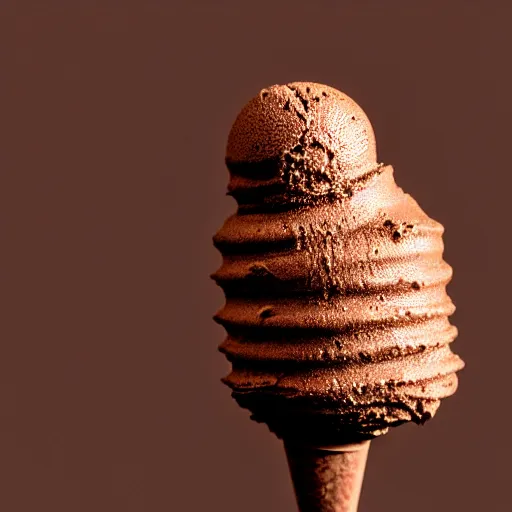 Image similar to detailed, textured photograph of a levitating chocolate ice cream cone with huge, hairy spider body at the cone's bottom. dramatic, golden light. realistic photograph.