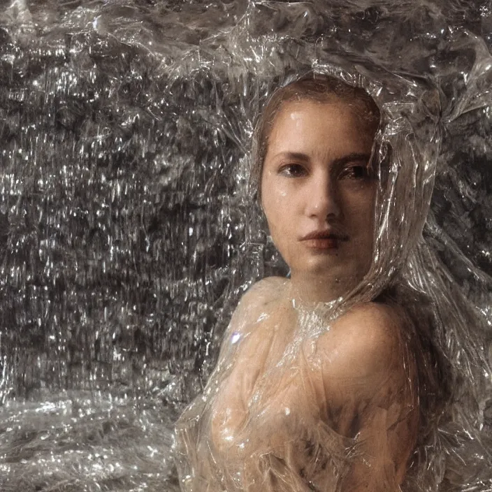 Prompt: a closeup portrait of a woman wrapped in plastic, standing in front of flooded saturn covered in water, color photograph, by vincent desiderio, canon eos c 3 0 0, ƒ 1. 8, 3 5 mm, 8 k, medium - format print