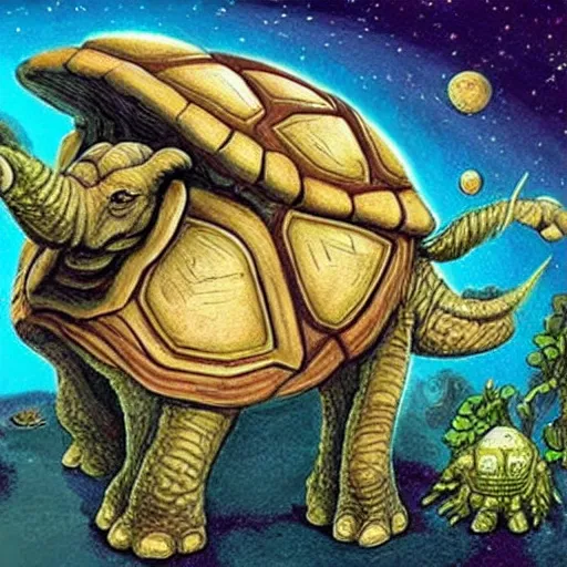 Prompt: Great A'Tuin is the Giant Star Turtle (of the fictional species Chelys galactica) who travels through the Discworld universe's space, carrying four giant elephants (named Berilia, Tubul, Great T'Phon, and Jerakeen) who in turn carry the Discworld