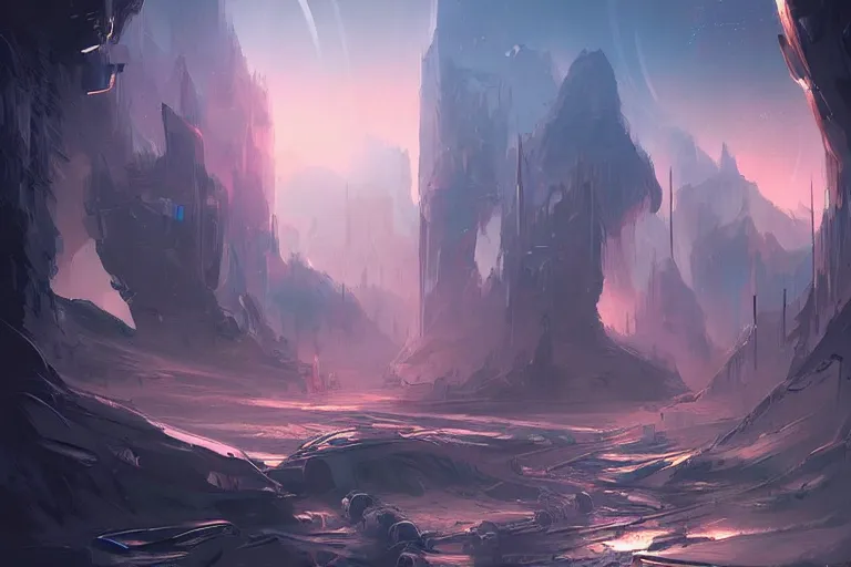 Image similar to sci-fi landscape concept art, by rossdraws, dramatic lighting