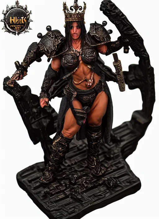 Prompt: 80mm resin detailed miniature of a Very Muscular Queen, angry, black skin, long cloak, bikini-armor, iron crown, Shaved Skinhead, on textured disc base, Company logo in upper left corner; Miniature product Photo, 4K, Full body