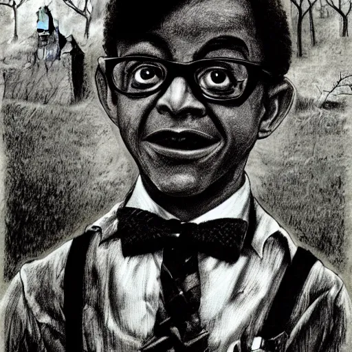 Prompt: Steve Urkel wearing a bowtie and suspenders scared in a graveyard, haunted, creepy, spooky, horror, ink, illustration, Stephen Gammell