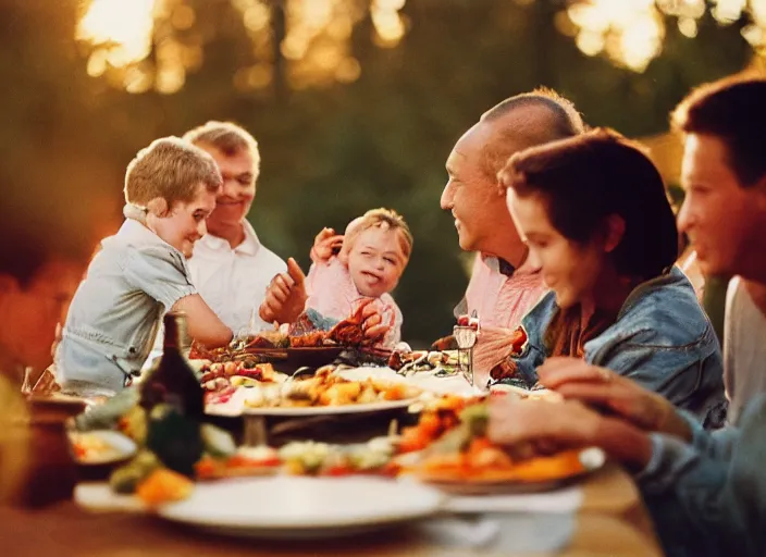 Image similar to a 3 5 mm photo of a family thanksgiving, bokeh, canon 5 0 mm, cinematic lighting, dramatic, film, photography, golden hour, depth of field, award - winning, 3 5 mm film grain, retro, film, kodachrome